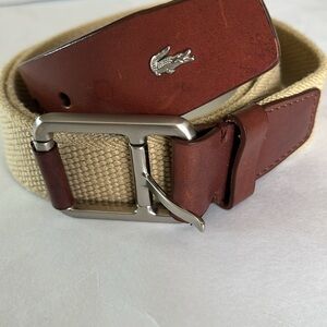 Lacoste vintage brown leather stretch woven belt silver buckle alligator logo XL